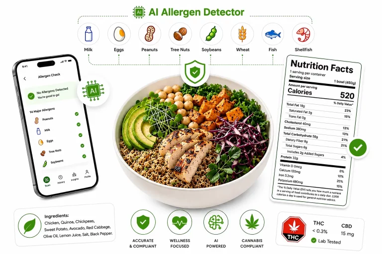 Nutrition label generator with AI allergen detector graphic showing a meal bowl, a mobile “Allergen Check” screen listing major allergens, and a Nutrition Facts label, with icons for milk, eggs, peanuts, tree nuts, soy, wheat, fish, and shellfish.