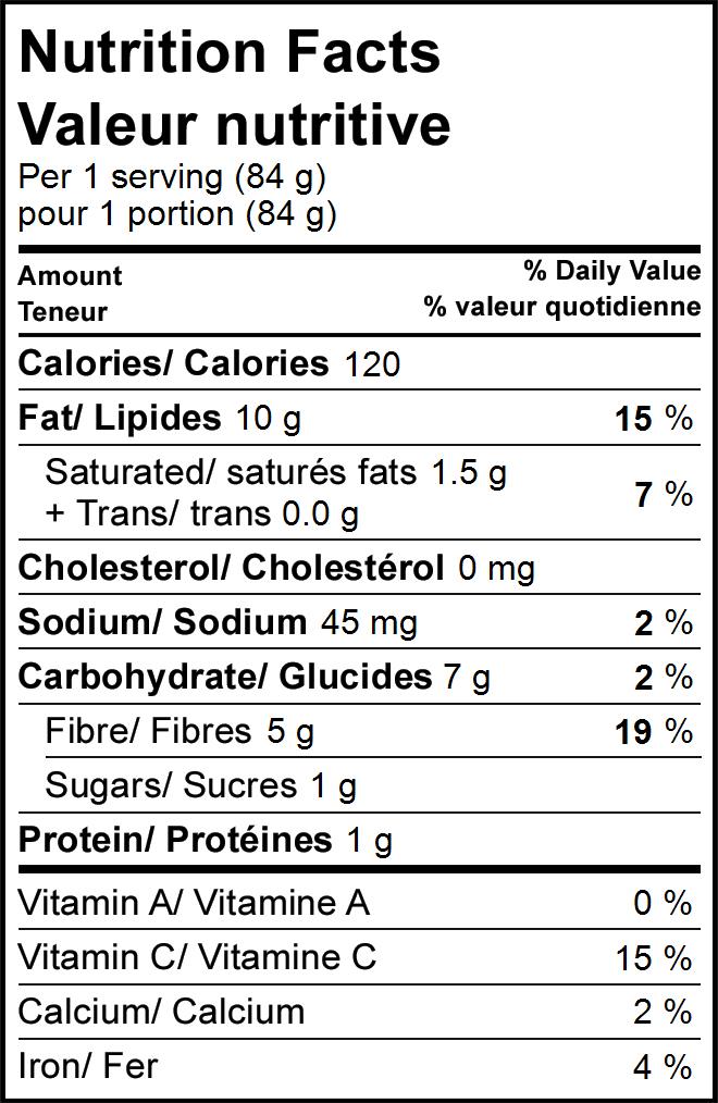 California Guacamole nutrition label