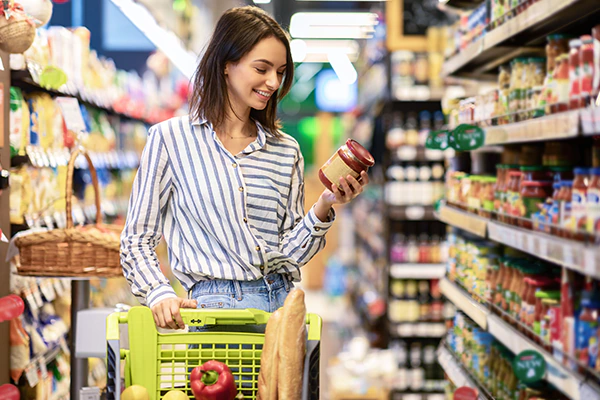 Checking label at market