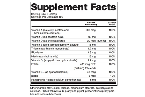 Dietary supplement label containing multiple vitamins