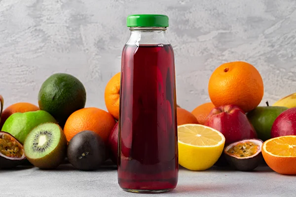 juice bottle with fruits in the background