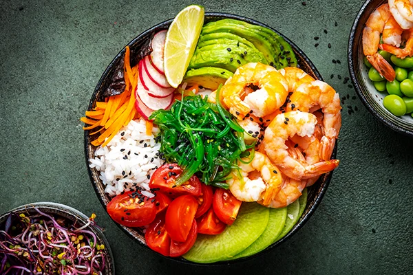 why use hfss calculator - image shrimp poke bowl with fruits and vegetables
