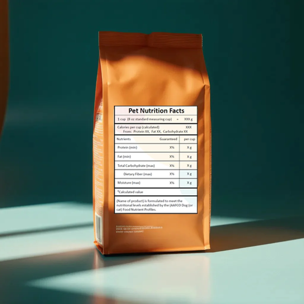 A pet food package with a clear, compliant nutrition facts label visible on the back or side panel