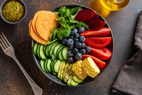 vegan bowl with vegetables in bowl