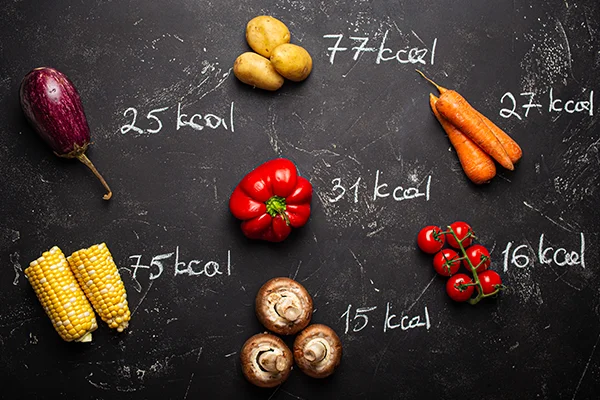 vegetables with kcal amount top view