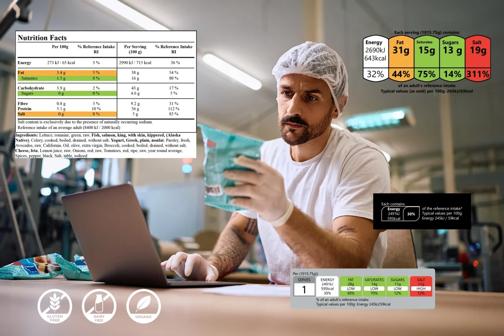 food manufacturer with laptop and labels