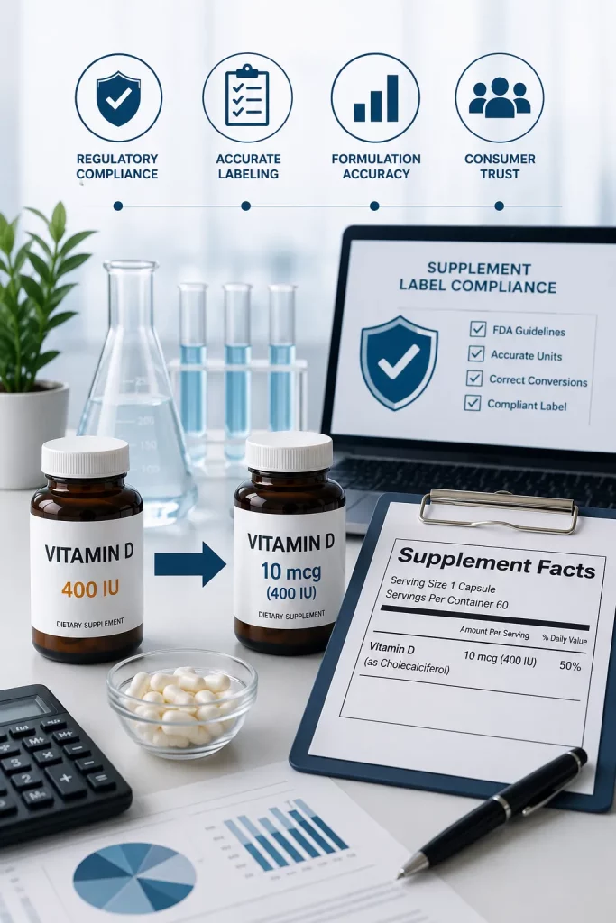 IU conversions to supplement label compliance - Vitamin D and supplement facts label on a desk with a laptop in the background