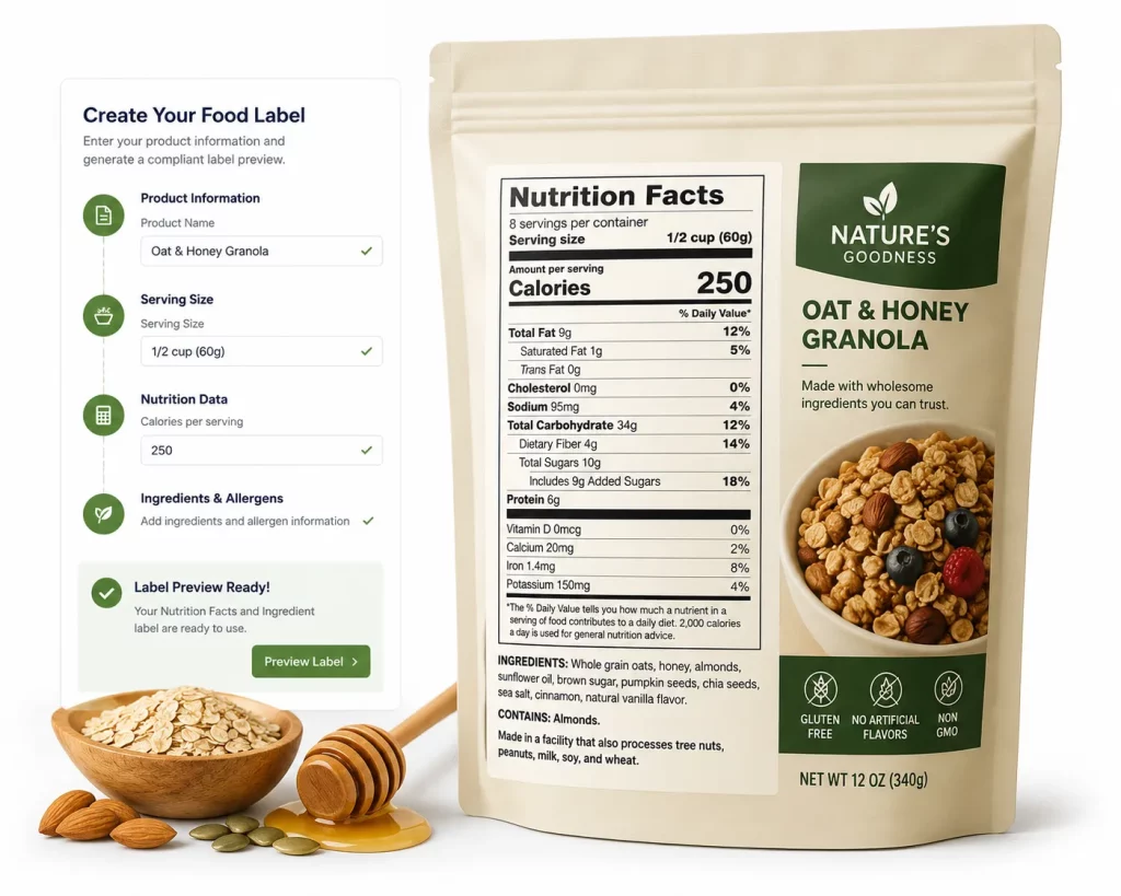 Food label generator software creating a Nutrition Facts label and ingredient list for packaged granola product packaging.