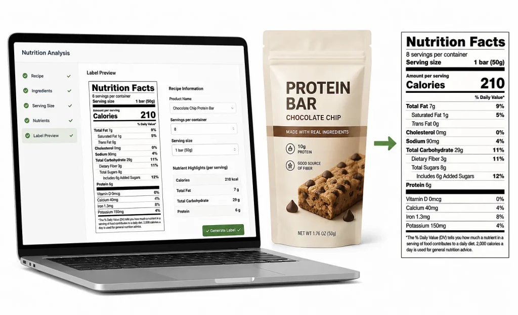 Nutrition analysis software generating a Nutrition Facts label for a packaged protein bar product.