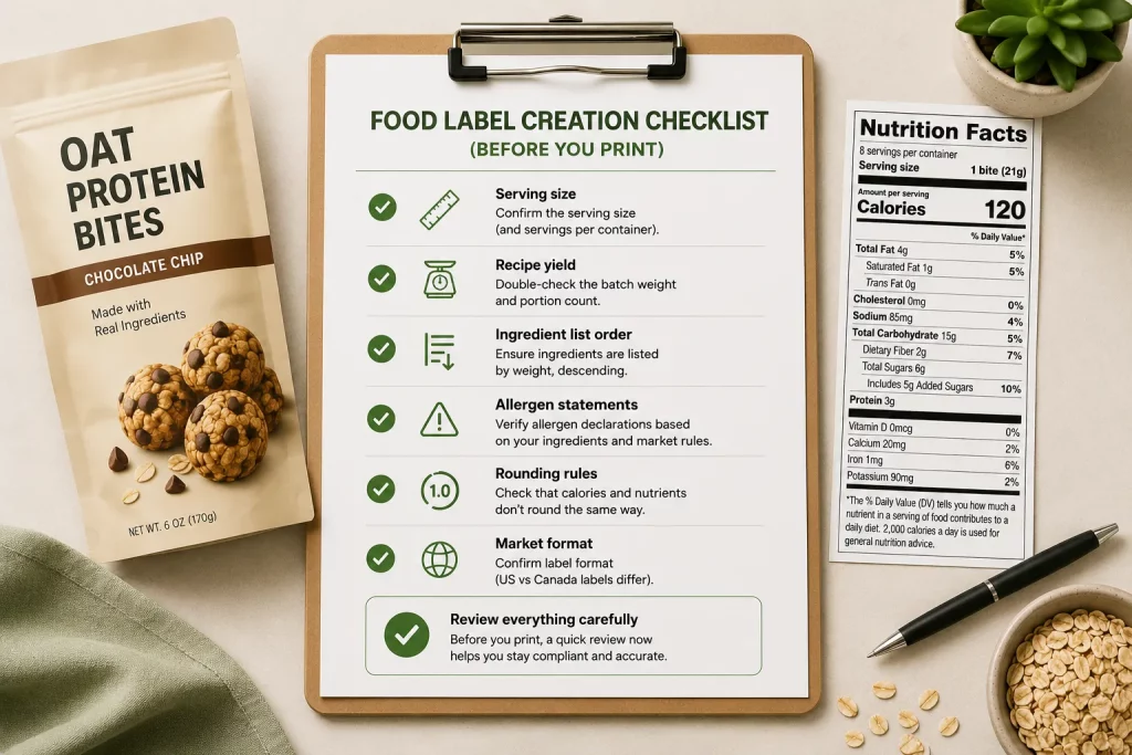 Food label creation checklist with product packaging and Nutrition Facts label for packaging review.