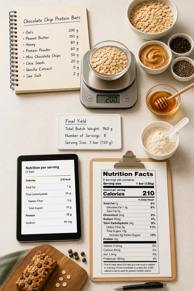 Ingredients, recipe calculations, and Nutrition Facts label displayed in a food nutrition analysis workflow.