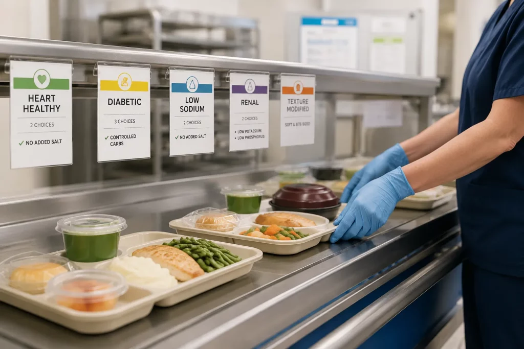 A clean trayline scene with labeled trays and diet-coded tickets