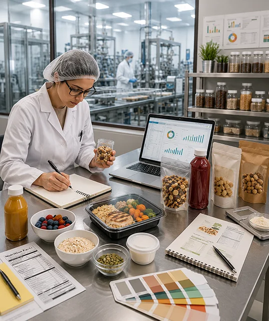Food technologist developing packaged food products in a modern R&D lab with ingredient samples, packaged foods, and production equipment visible in the background.