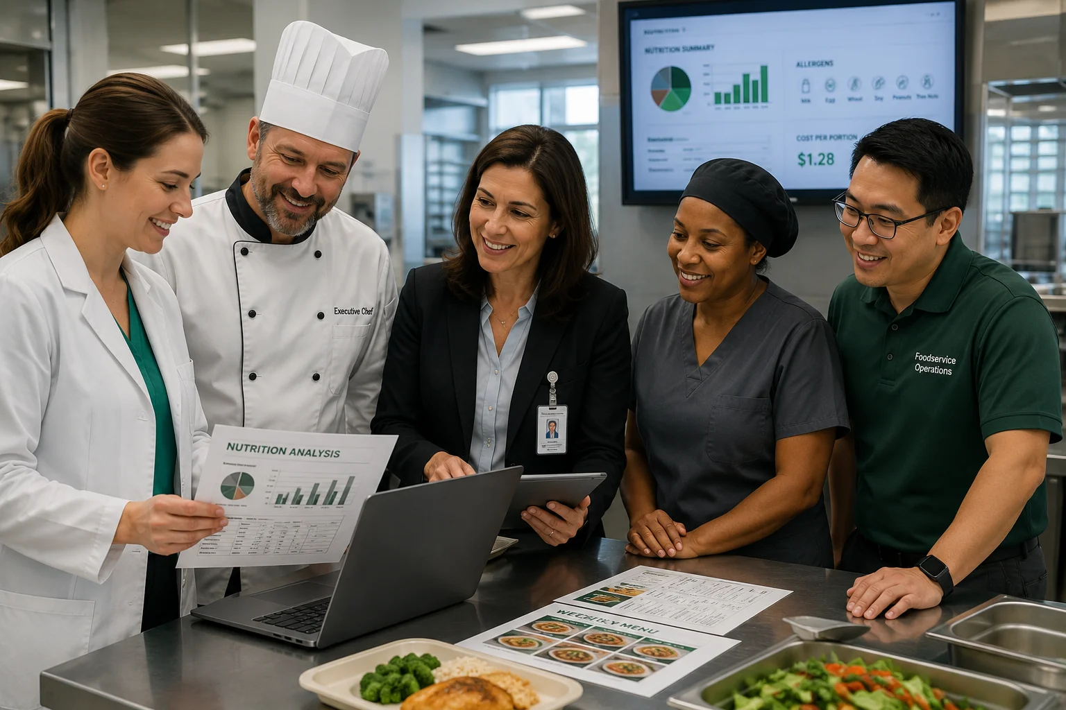 Healthcare foodservice professionals collaborating on nutrition and menu operations