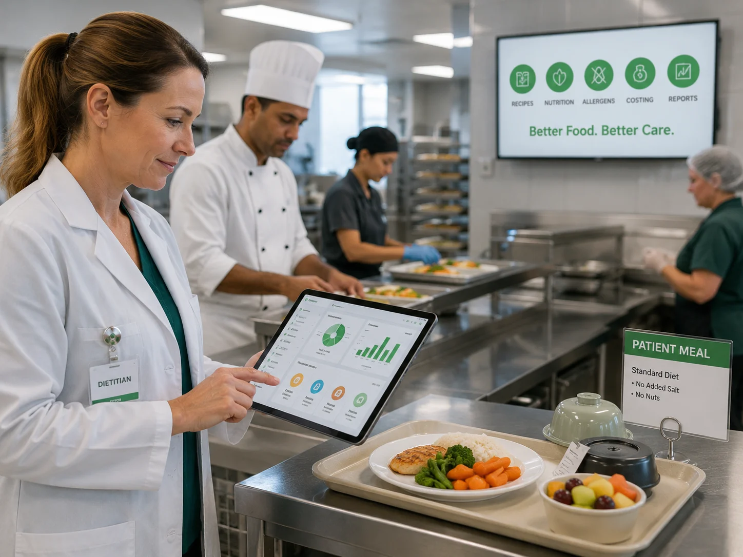 Healthcare foodservice team preparing patient meals using a standardized nutrition workflow