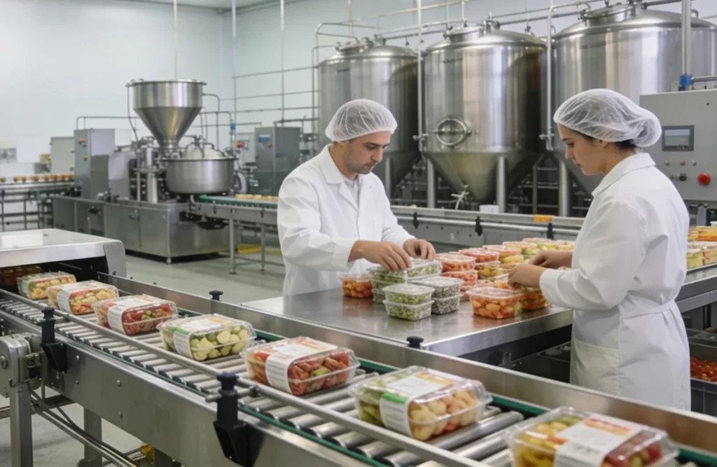 Food manufacturing team packaging products on a production line using nutrition analysis and food labelling software to standardize recipes, calculate nutrition, and prepare compliant food labels.