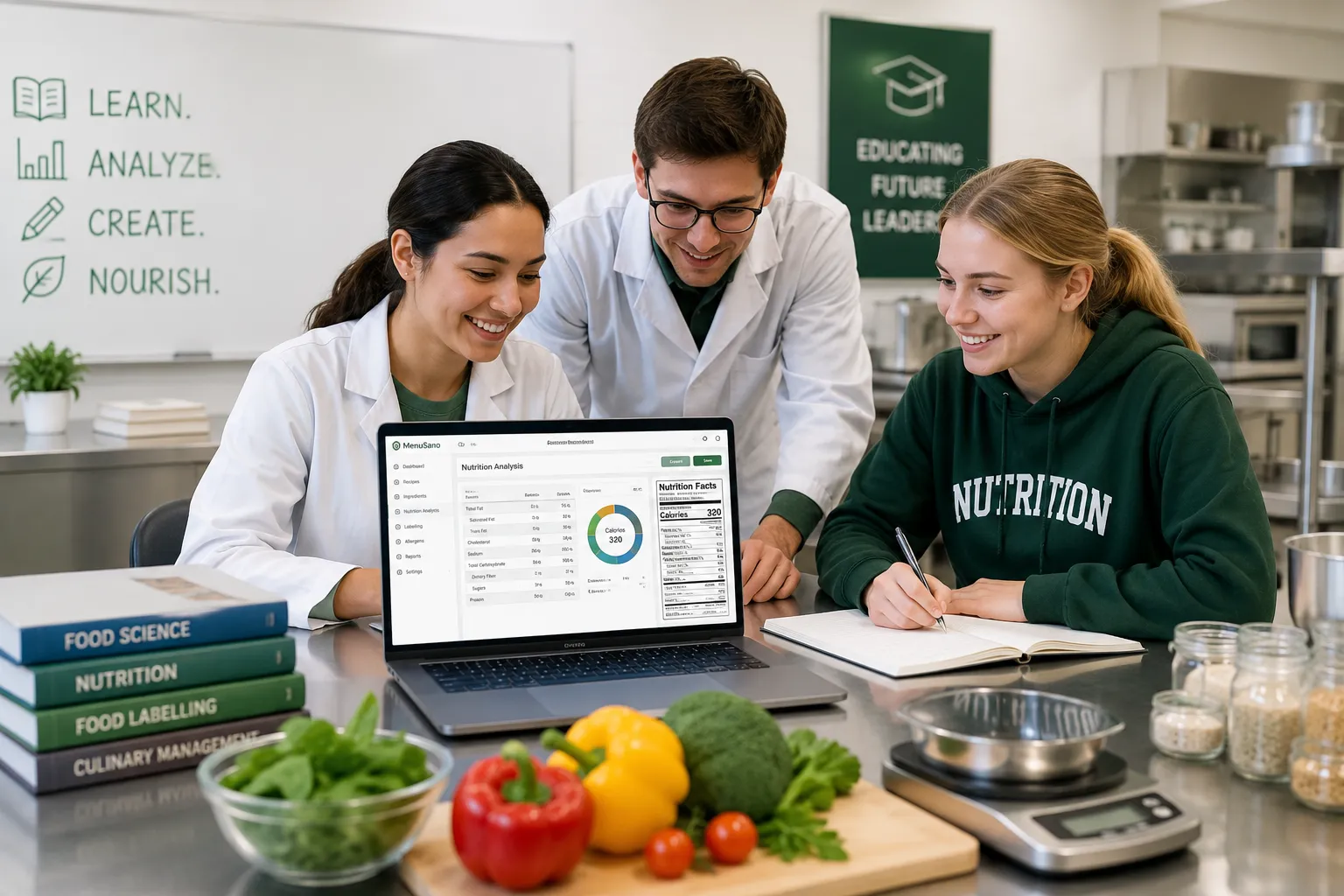 Students using nutrition analysis and food labelling software in a university culinary lab to create Nutrition Facts labels, analyze recipes, and manage foodservice operations.