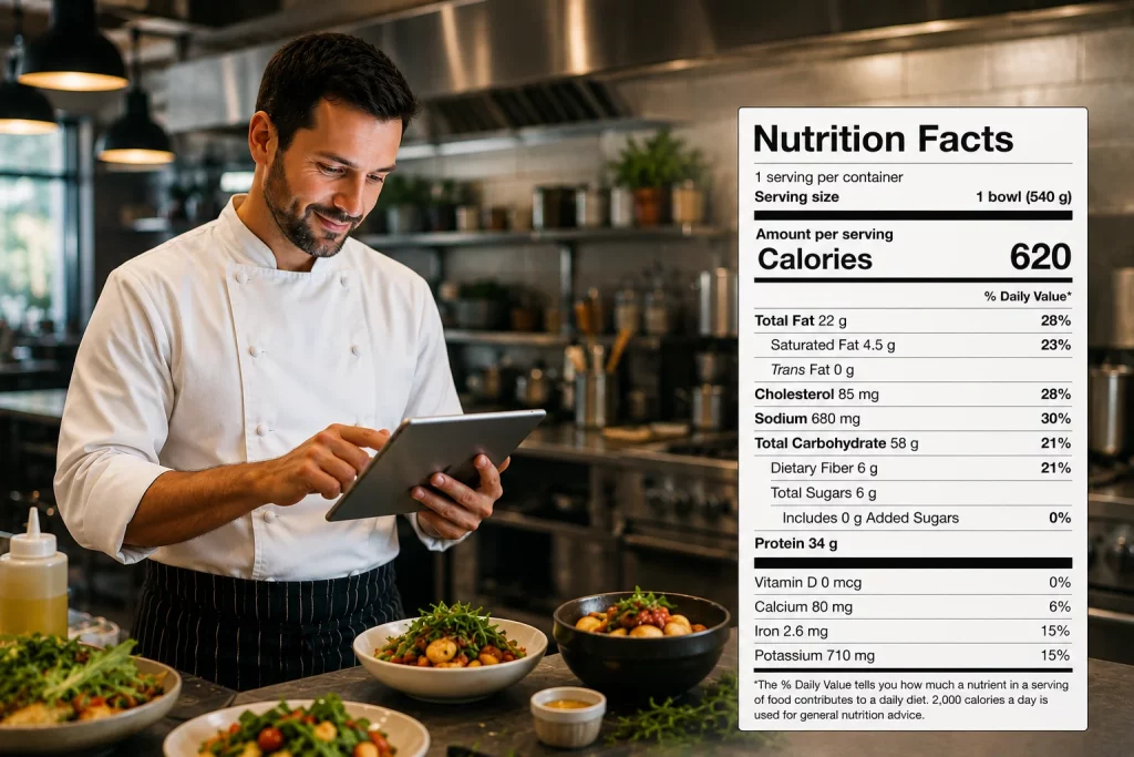 chef using a tablet in a kitchen with a nutrition facts label