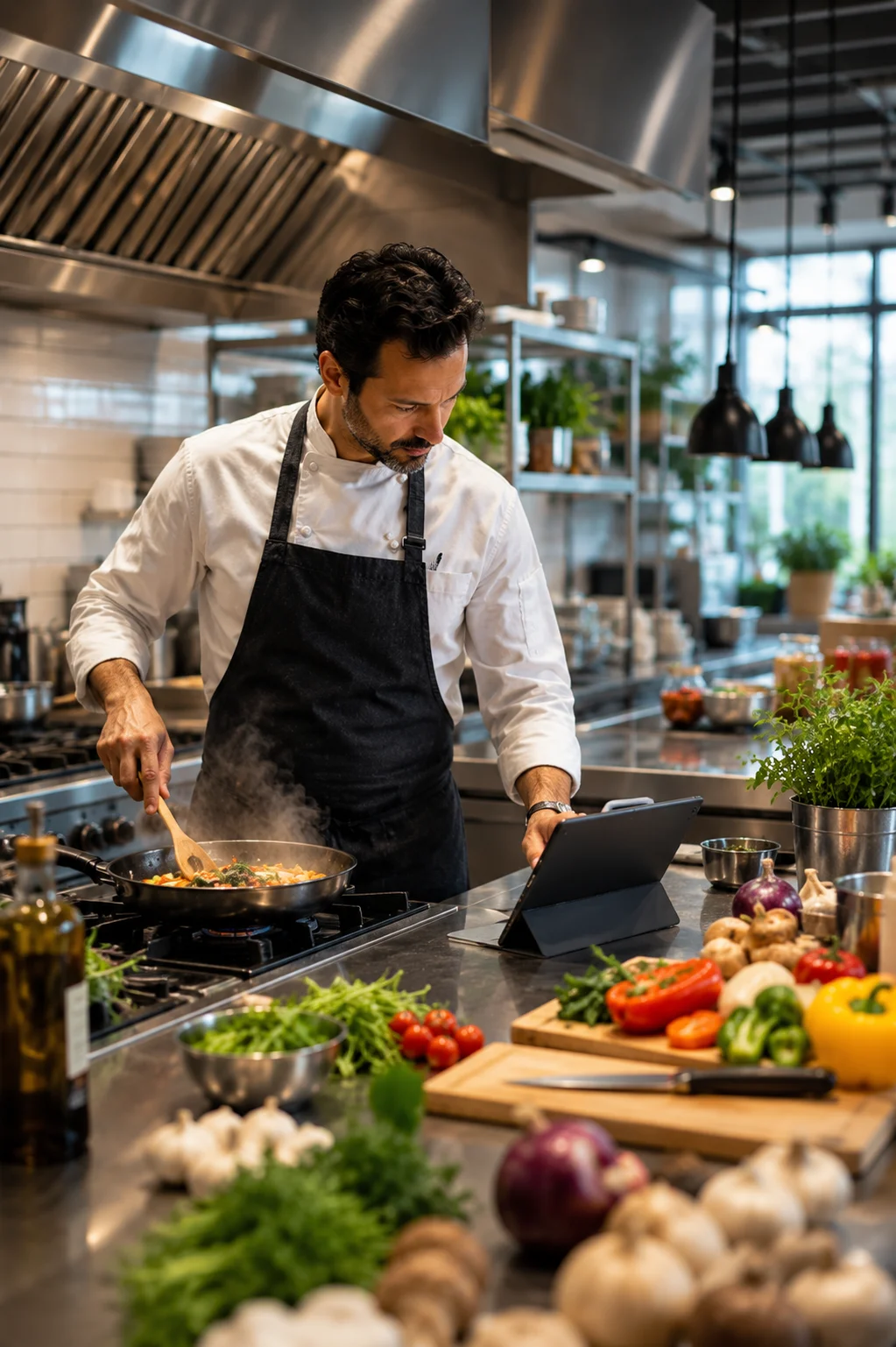 chef using tablet in the kitchen while cooking