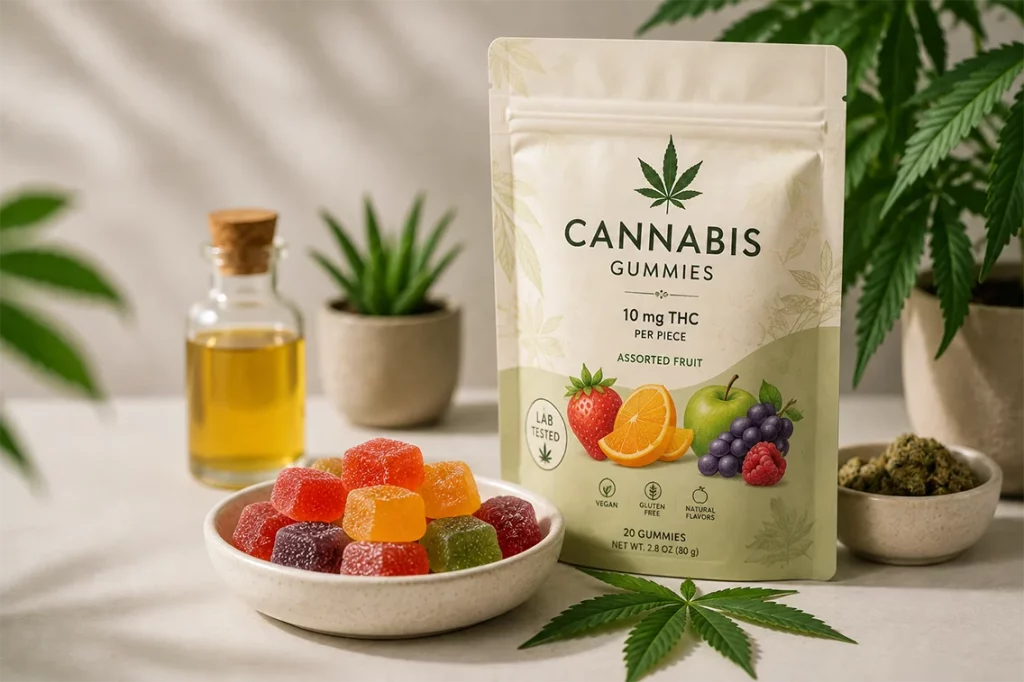 Cannabis gummies in branded packaging with edible gummies, cannabis leaves, and oil, representing nutrition analysis and nutrition fact labeling for cannabis edible products.