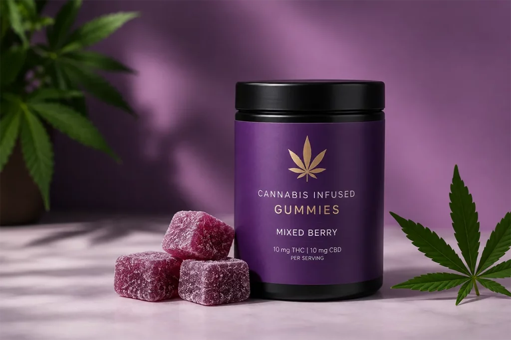 A premium cannabis-infused gummy container displayed against a purple backdrop with cannabis leaves and gummies, illustrating modern cannabis product labeling and packaging.