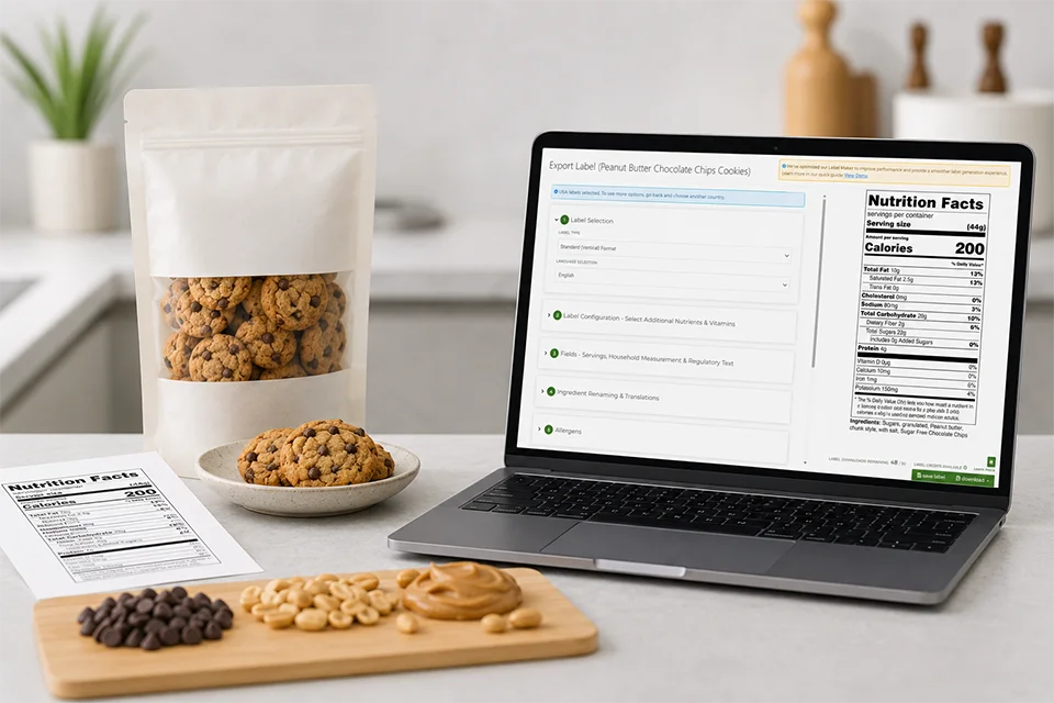 MenuSano nutrition label software generating an FDA Nutrition Facts label from a food recipe.