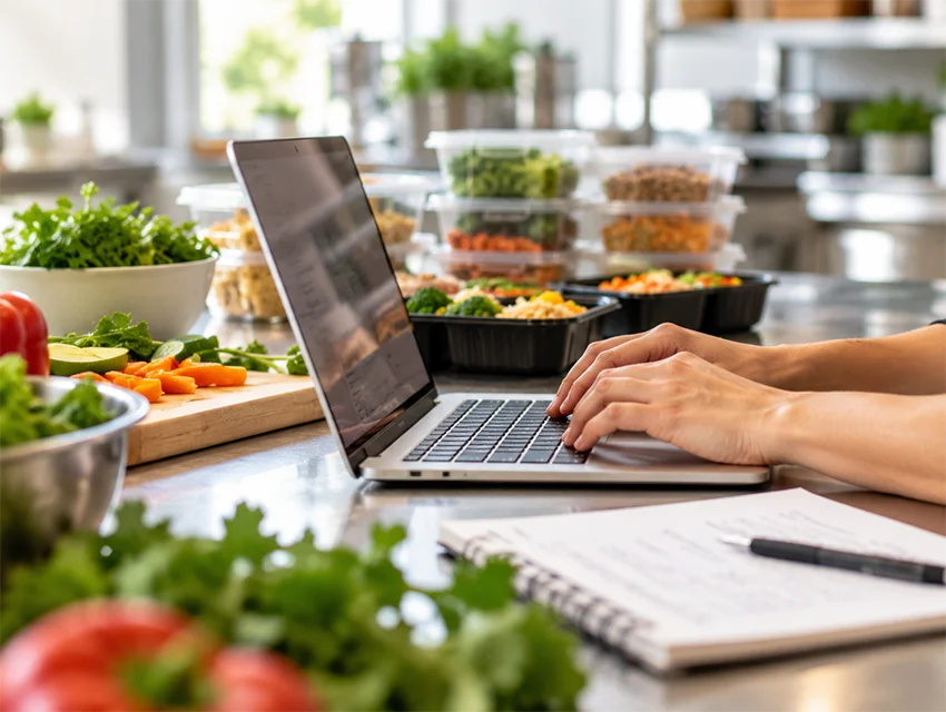 Person using a laptop in a kitchen workspace surrounded by fresh ingredients and prepared meals.