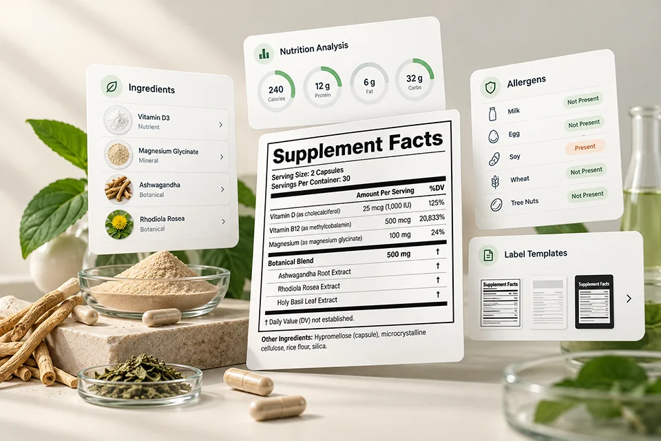 MenuSano software dashboard for nutrition analysis and food labeling